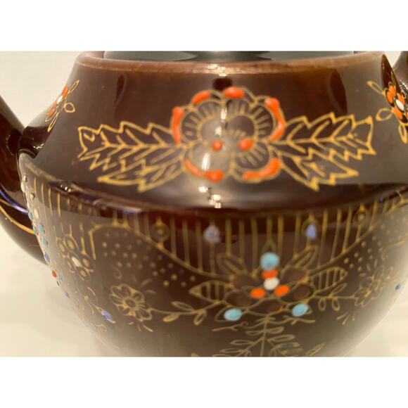 Vintage Moriage Redware Brown Oriental Tea Pot, Hand Painted Beaded - Picture 10 of 10